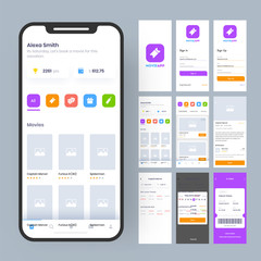 Online Movie App UI Kit for responsive mobile app or website with different GUI layout including Login, Create Account, Showcase information, Movies play, Transaction and Favourites Screens.