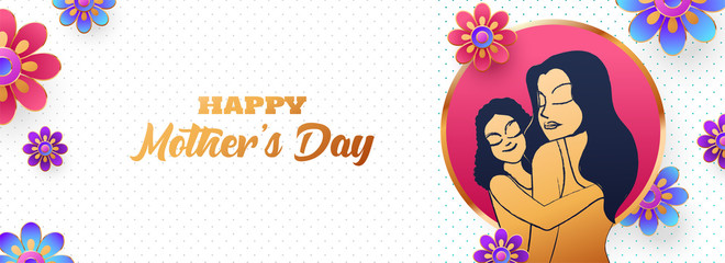 Poster - Website header or banner design decorated with paper cut flowers and illustration of daughter hugging to her mother on the occasion of Happy Mother's Day.