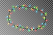 Christmas lights oval border vector, light string frame isolated on background with copy space. Transparent decorative garland. Xmas light roun border effect. Holiday decor. Vector illustration