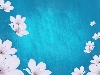 Wall Mural - Beautiful white flower decorated on shiny blue background with space for your text.