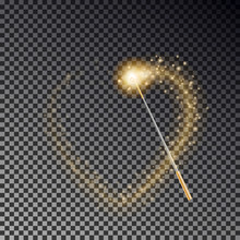 Magic Wand With Heart Trail Vector. Transparent Miracle Stick With Glow Yellow Light Tail Isolated On Dark Background. Magic Wand Effect. Fairy Stick Lights In Heart Shape . Vector Illustration