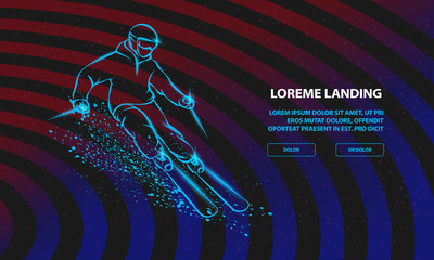 Wall Mural - Skier on a mountain slope with snow spray. Vector Sport Background for Landing Page Template.