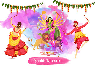 Sticker - Illustration of couple dancing with dandiya stick in front of Goddess Durga Maa on occasion of Subh Navratri concept. Can be used as poster or banner design.