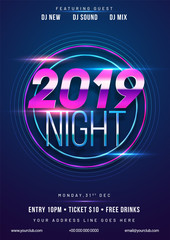 Wall Mural - Shiny purple text 2019 Night on blue background with time and venue details for New Year celebration concept.