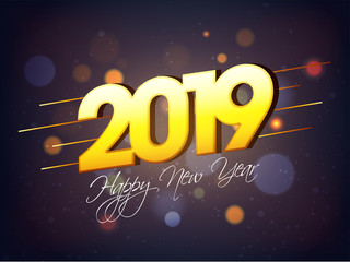 Poster - Shiny yellow text 2019 on blurred background for New Year celebration concept.