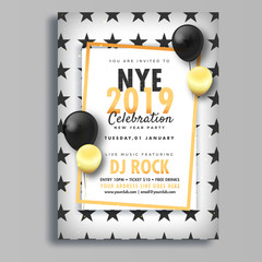 Canvas Print - Creative template or flyer design with time, venue details for New Year Eve (NYE), decorated with balloons.