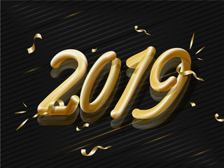 Sticker - Creative text 2019 in golden color with confetti on shiny black background. Can be used as greeting card design.