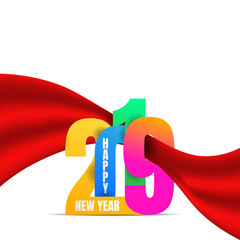 Wall Mural - Colorful paper text 2019 with glossy ribbon on white background for Happy New Year greeting card design.