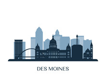 Des Moines Skyline, Monochrome Silhouette. Vector Illustration.