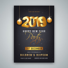 Poster - 2019 Happy New Year Party invitation card or template design with date and venue details on glossy gray background.