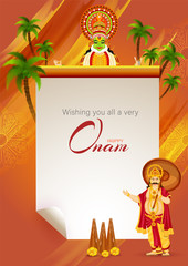 Poster - Wishing you all a very Happy Onam festival message card or template design with illustration of King Mahabali, Kathakali dancer and Thrikkakara Appan on brown abstract background.