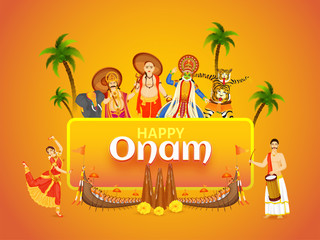 Poster - Beautiful festival card or poster design with illustration showing culture and tradition of Kerala for Happy Onam celebration concept.