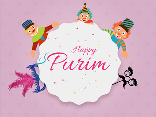 Wall Mural - Purim Party poster or banner design with funny clowns, face prop and masquerade illustration on purple background. Can be used as greeting card design.