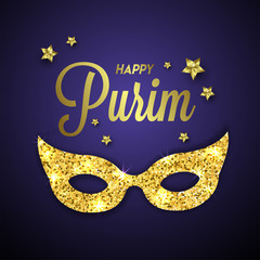 Sticker - Happy Purim party template or greeting card design with golden glittering mask on blue background.