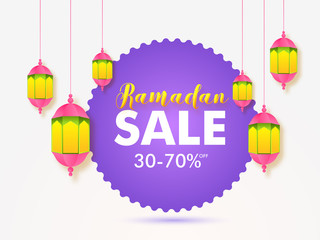 Ramadan Sale banner or poster design with 30-70% discount offer and illuminated lanterns illustration.