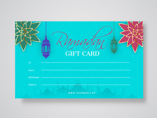 Ramadan gift card design with illustration of flower and lantern decoration on blue background.