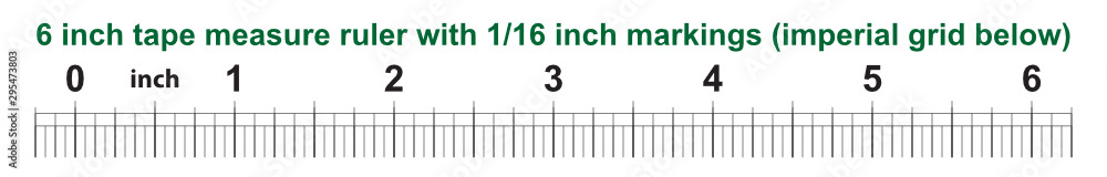 6 inch tape measure ruler with 1/16 inch markings. Imperial grid below ...