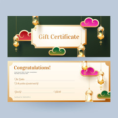 Sticker - Front and back view of Gift Certificate or horizontal template design with hanging illuminated lanterns.