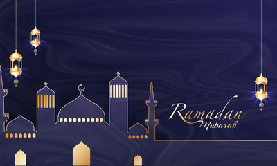 Poster - Ramadan Kareem banner or poster design with illustration of mosque and hanging illuminated arabic lanterns on blue abstract background.