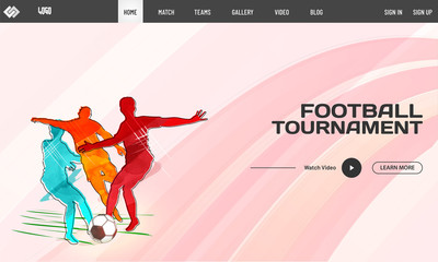 Sticker - Soccer players in playing action on abstract pink background. Football tournament landing page design.