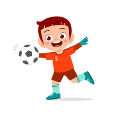 Wall Mural - happy kid boy play soccer as goalkeeper