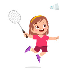 Sticker - happy cute kid girl play train badminton