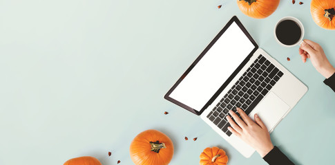 Wall Mural - Person using a laptop computer with pumpkins - overhead view
