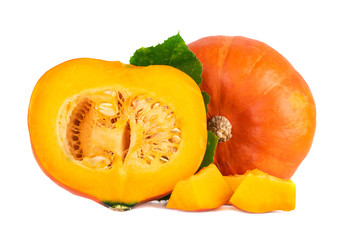 Wall Mural - Autumn orange color pumpkin. Hokkaido pumpkins halved and slices on white