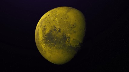 Wall Mural - colorful abstraction of unknown yellow planet rotating on black background in space. day and night o