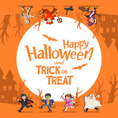 Children in Halloween fancy dress to go Trick or Treating.Template for advertising brochure. Happy Halloween.