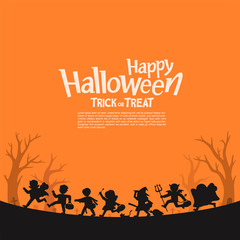 Silhouette of Children in Halloween fancy dress to go Trick or Treating.Template for advertising brochure. Happy Halloween.