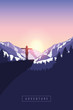 hiking adventure in snowy mountain girl on a cliff in at sunrise vector illustration EPS10