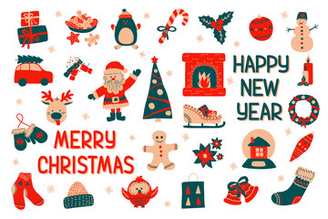 A large set of Happy New Year and Merry Christmas elements in Scandinavian style with holiday inscriptions. Vector illustration - clip art collection of cute characters isolate on a white background.