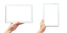 Male Hand Holding The White Tablet Pc Computer With Blank Screen Isolated On White Background With Clipping Path