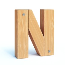 Wood Font, 3d Alphabet Made Of Wooden Parts, 3d Rendering, Letter N