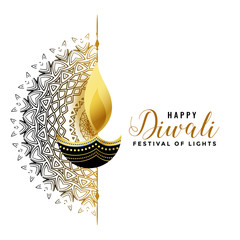 Wall Mural - white diwali background with golden diya design