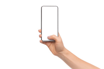 Fototapete - Woman showing modern smartphone with blank white screen