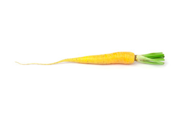 fresh ripe yellow carrot with cut top isolated on a white background