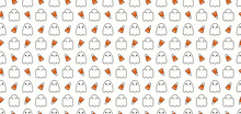 Seamless Repeat Pattern With Cute Ghosts, Candy Corn, White, Orange, Black. Vector Illustration. Line Art. Design Concept For Halloween Background, Packaging, Wallpaper, Wrapping Paper.