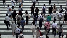 UMEDA, OSAKA, JAPAN - CIRCA SEPTEMBER 2019 : Aerial High Angle View Of Zebra Crossing Near Osaka Train Station. Back Shot Of Crowd Of People At The Street. Shot In Busy Rush Hour. Wide Slow Motion.