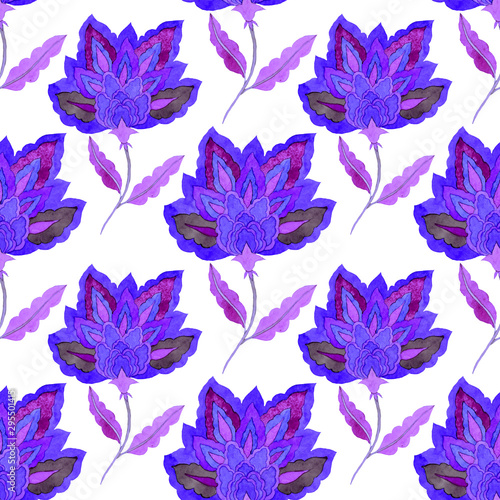 Watercolor seamless pattern with paisley flowers in arabic style. Floral deco...