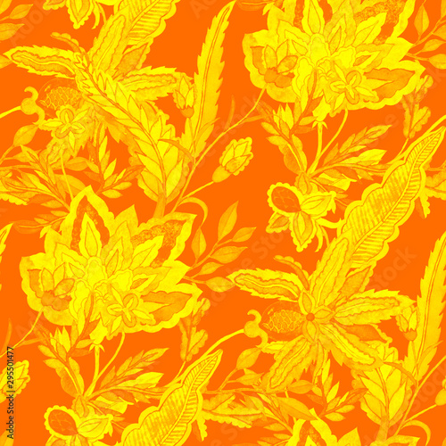 Watercolor seamless pattern with paisley flowers in arabic style. Floral deco...
