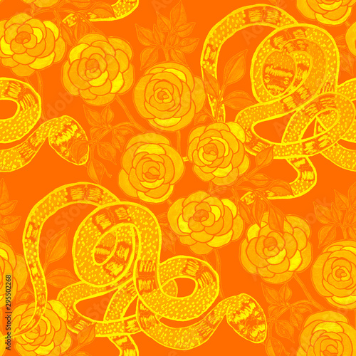 Creative seamless pattern with hand drawn roses and snakes. Fashion floral pr...