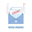 Rejection letter from the insurance company. Medical form with claim denied stamp. Failed payment reimbursement. Declined treatment coverage. Finance and medical concept. Vector flat illustration.