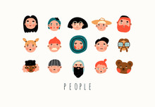 Various People And Bear. Faces And Heads. Characters, Avatars. Different Icons And Logos. Cute Hand Drawn Trendy Vector Illustrations. Cartoon Style. Flat Design. Naive Art. All Elements Are Isolated