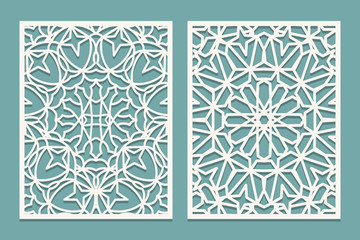 Wall Mural - Die and laser cut ornamental panels with Islamic geometric pattern. Laser cutting decorative lace borders patterns. Set of Wedding Invitation or greeting card templates.