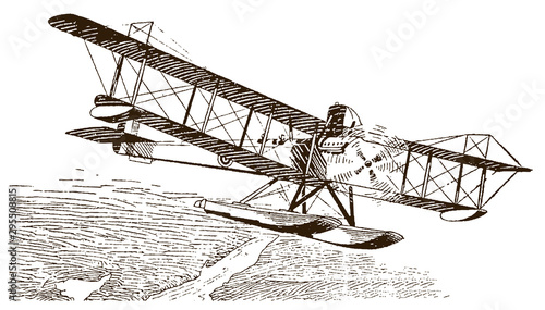 Papel de parede Antique biplane floatplane flying over an uninhabited river landscape