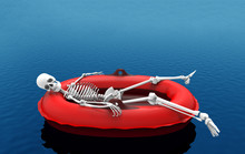 3d Rendering. A Human Skeleton Bone Lying On Red Life Rescue Boat Alone On Blue Water Surface Background. With Clipping Path.