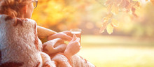 Woman Wearing Sweater Drinking Hot Tea Outdoors In Autumn Sunlight. Fall Cozy Concept, Backlit.Autumn Mood Banner