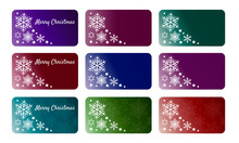 Collection Of Nine Christmas Gift Tags With White Various Snowflakes And Stars. Set Of Printable Various Color Gradient Holiday Label With Copy Space. Vector EPS10 Editable Gift Box Or Party Badge